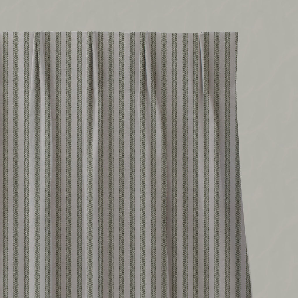 Green Striped Linen Pleated Curtains - Evianne Khaki - Natural base fabric.