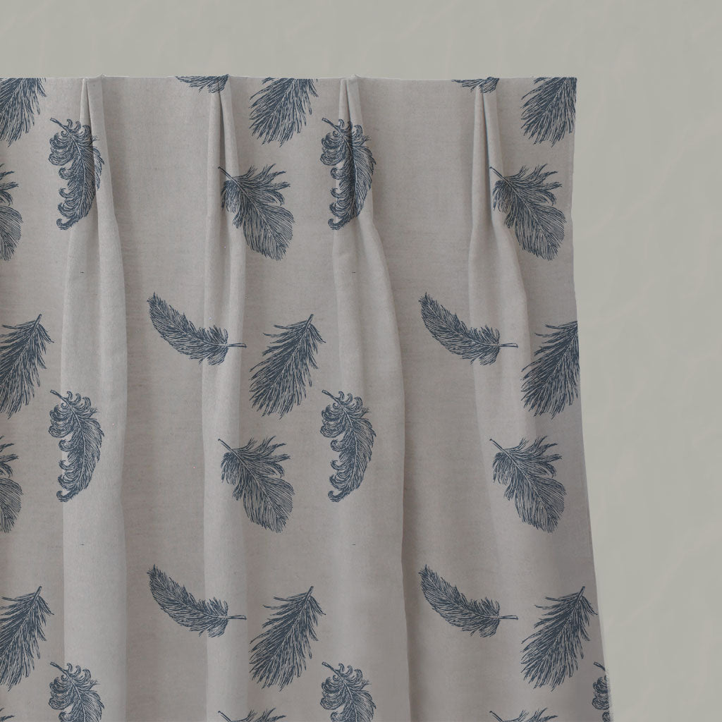 Blue Patterned Linen Pleated Curtains - Feathers Denim - Natural base fabric.