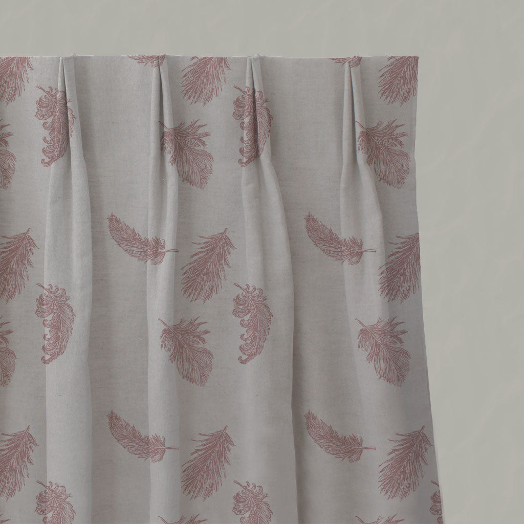 Pink Patterned Linen Pleated Curtains - Feathers Dusty Pink - Natural base fabric.