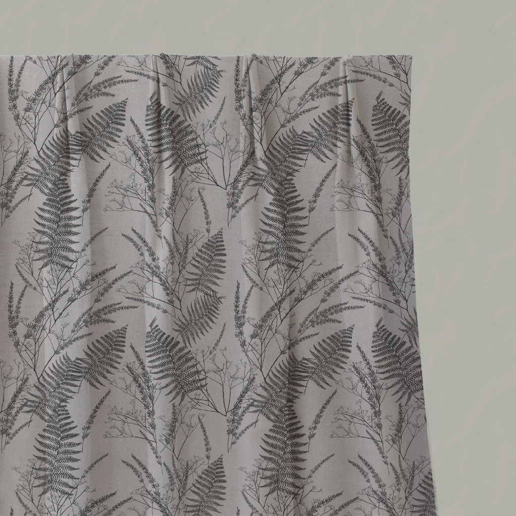 Grey Botanical Linen Pleated Curtains - Fernia Charcoal - Natural base fabric.