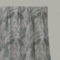 Green Botanical Linen Pleated Curtains - Fernia Dark Pine - Natural base fabric.