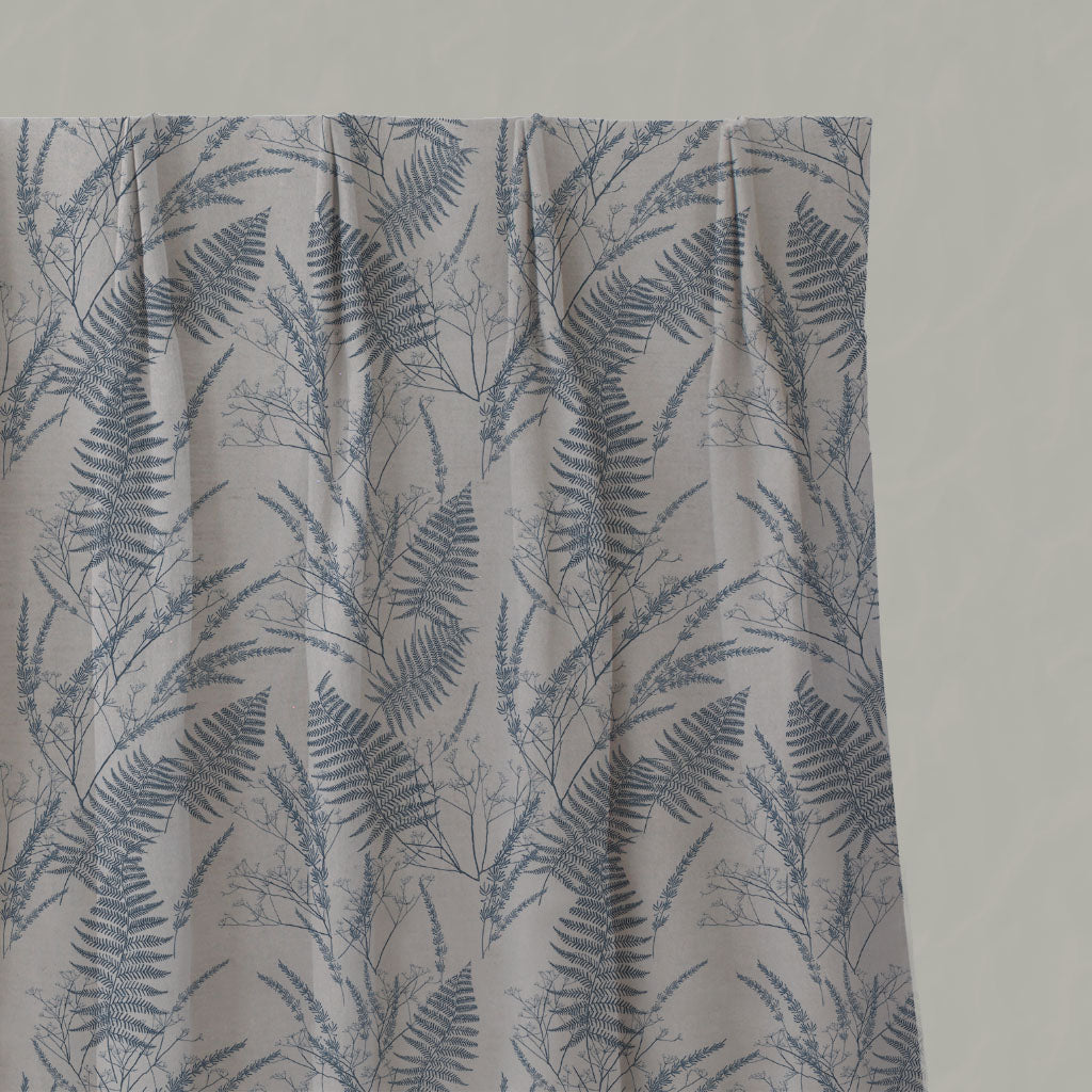 Blue Botanical Linen Pleated Curtains - Fernia Denim - Natural base fabric.