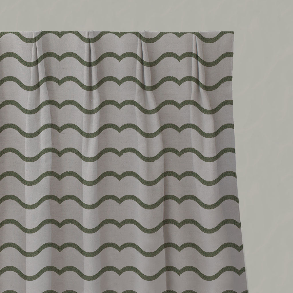 Green Patterned Linen Pleated Curtains - Fiorella Moss - Natural base fabric.