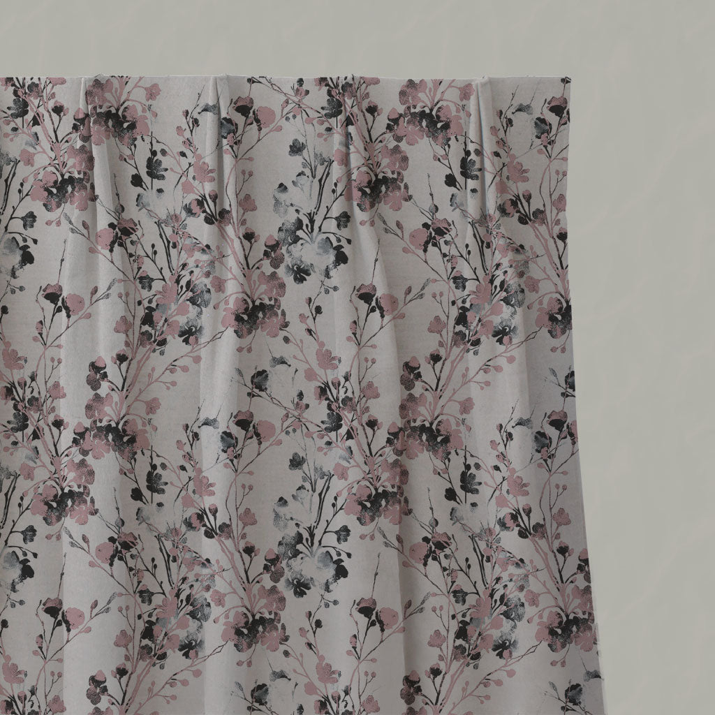 Pink Floral Linen Pleated Curtains - FlowerBliss Powder Rose - Natural base fabric.