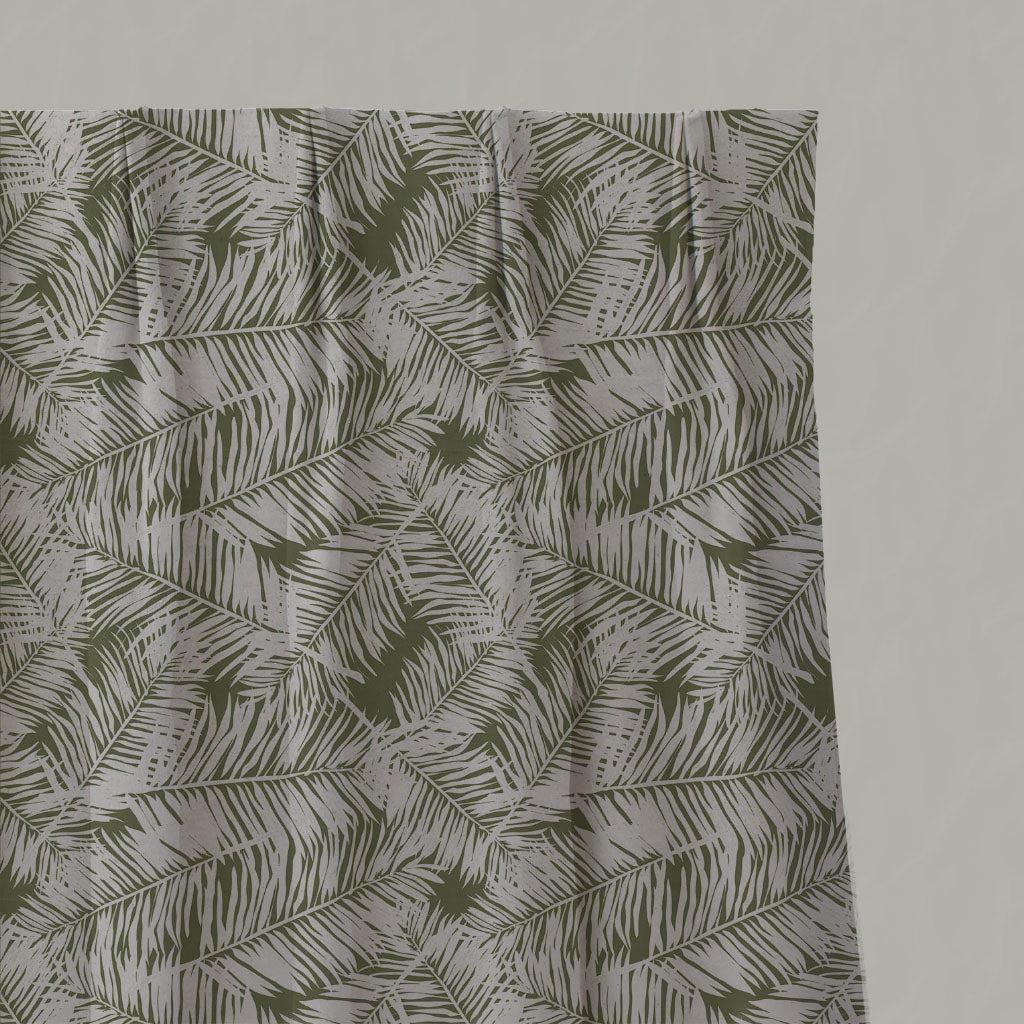 Green Patterned Linen Pleated Curtains - Gabi Khaki - Natural base fabric.
