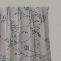 Blue Floral Linen Pleated Curtains - Gardenia Denim - Natural base fabric.