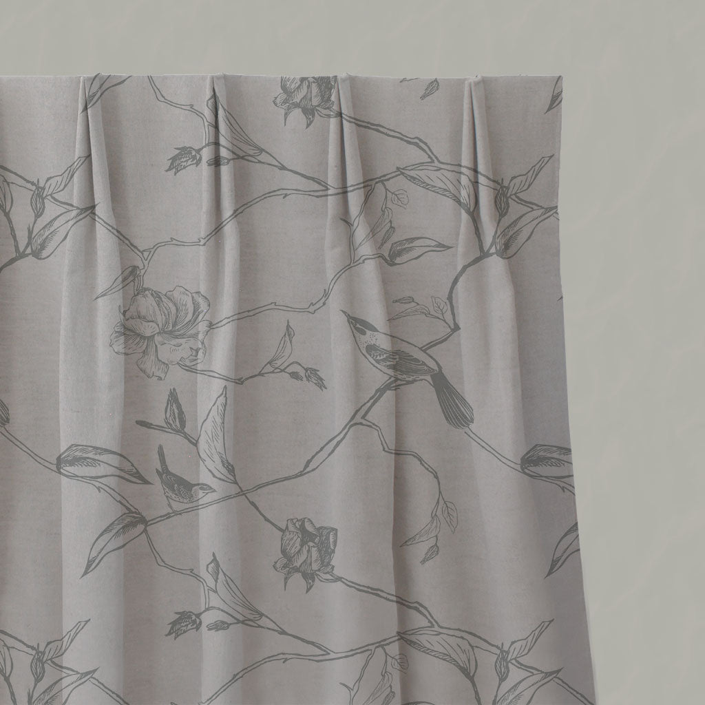 Grey Floral Linen Pleated Curtains - Gardenia Greige - Natural base fabric.