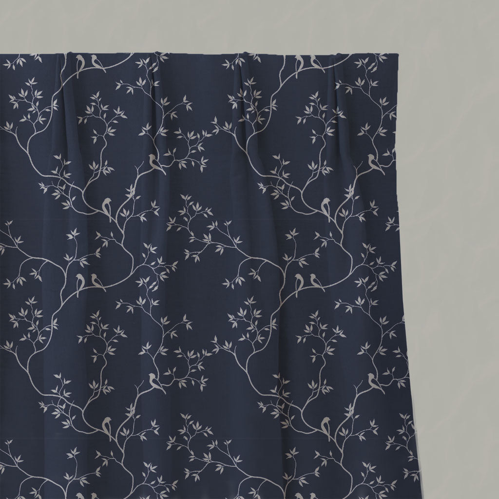 Blue Botanical Linen Pleated Curtains - Goldfinch INV-Deep Blue - Natural base fabric.