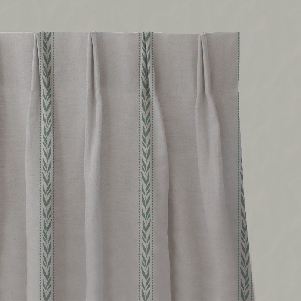 Green Botanical Linen Pleated Curtains - Helena-NAT Jade Mist - Natural base fabric.