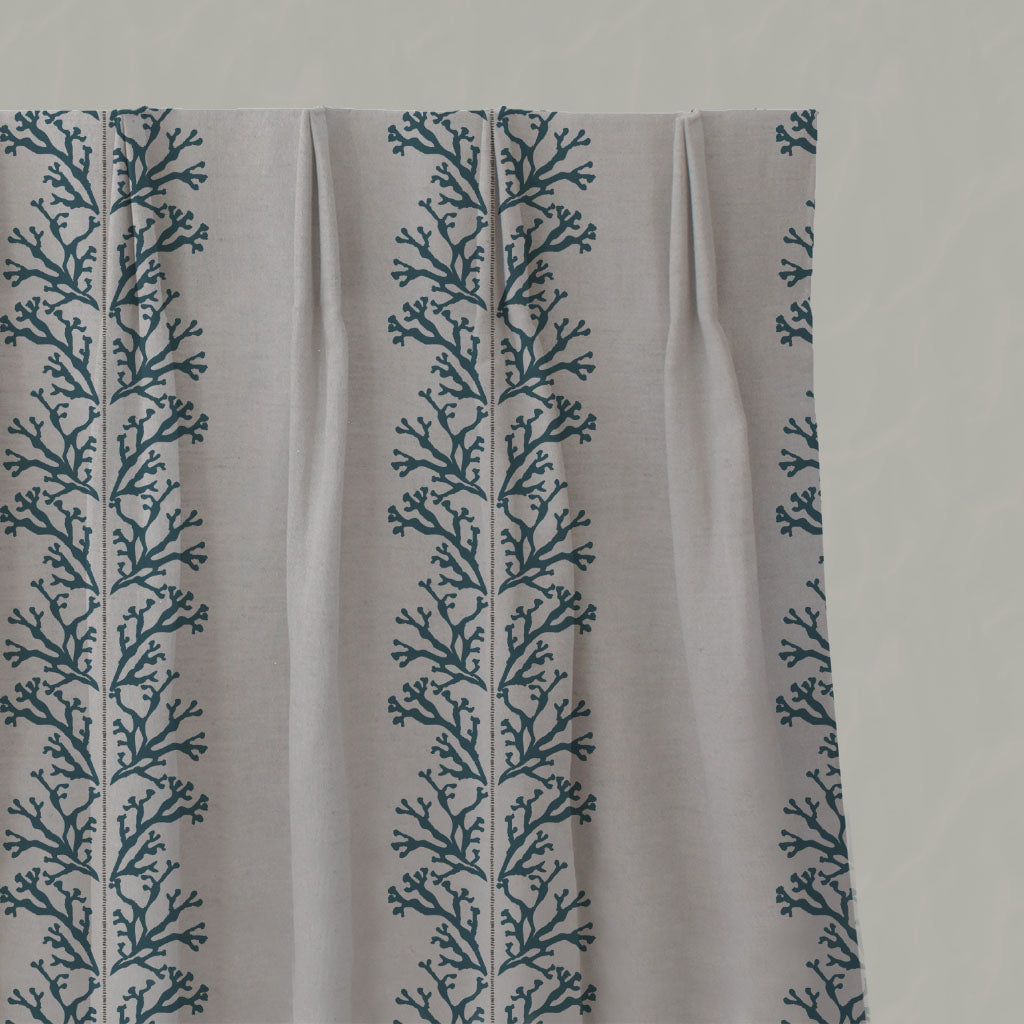 Blue Patterned Linen Pleated Curtains - Hensley Blue Stone - Natural base fabric.