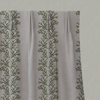 Green Patterned Linen Pleated Curtains - Hensley Khaki - Natural base fabric.