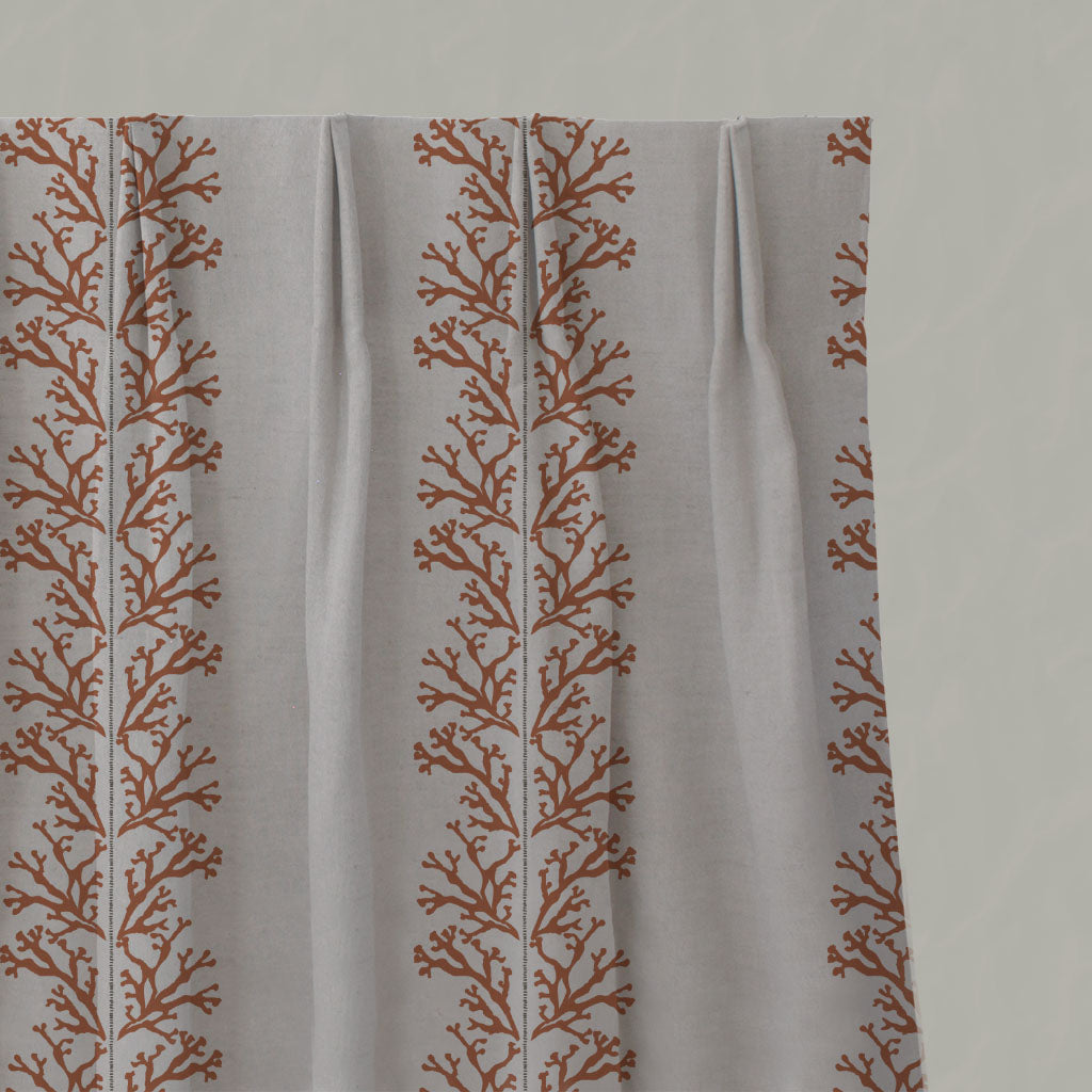 Orange Patterned Linen Pleated Curtains - Hensley Pumpkin - Natural base fabric.
