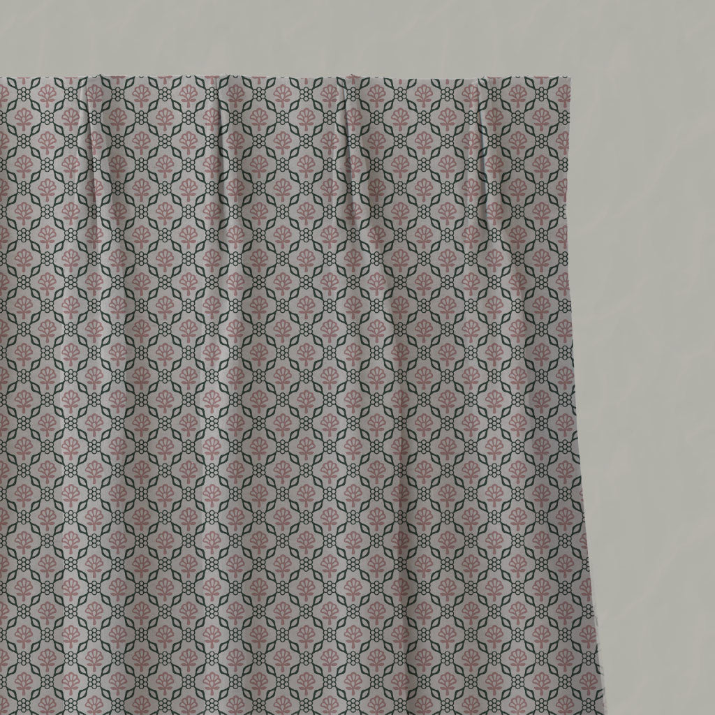 Pink Floral Linen Pleated Curtains - Hilla Pink Pine - Natural base fabric.