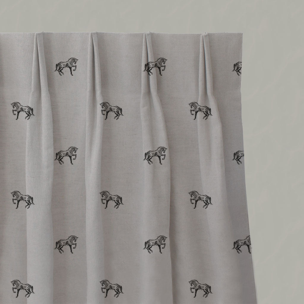 Black Kids Linen Pleated Curtains - Horse Noir - Natural base fabric.