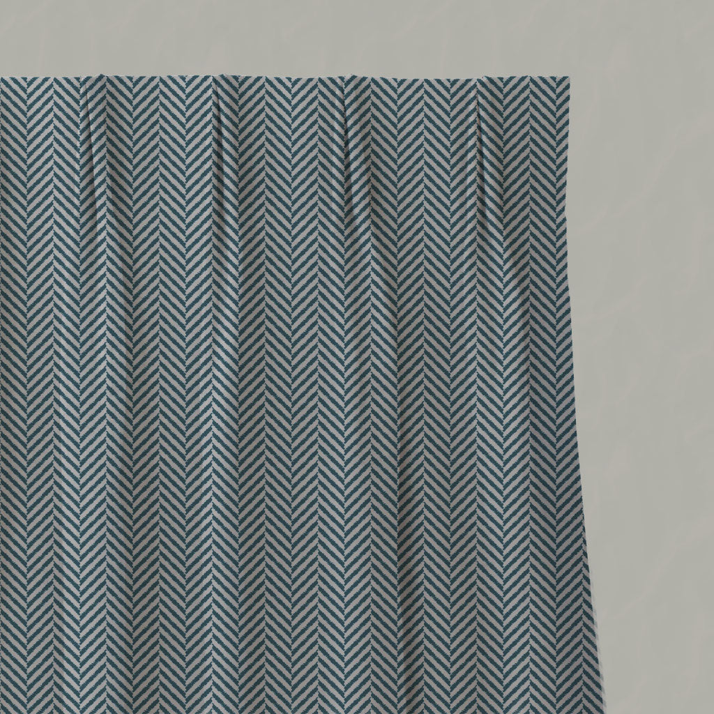 Blue Patterned Linen Pleated Curtains - Hugo Blue Stone - Natural base fabric.