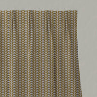 Yellow Patterned Linen Pleated Curtains - Hulda Gold Rod - Natural base fabric.