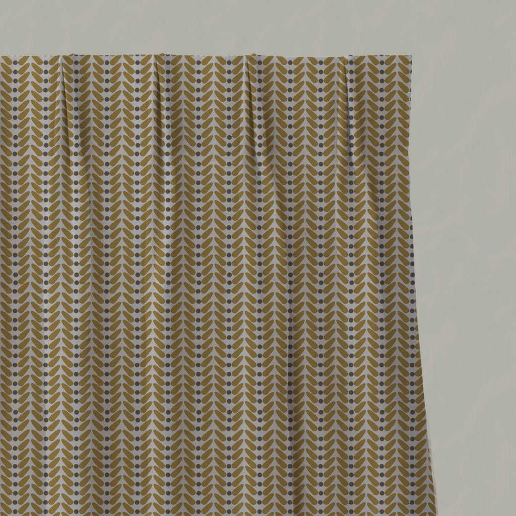 Yellow Patterned Linen Pleated Curtains - Hulda Gold Rod - Natural base fabric.