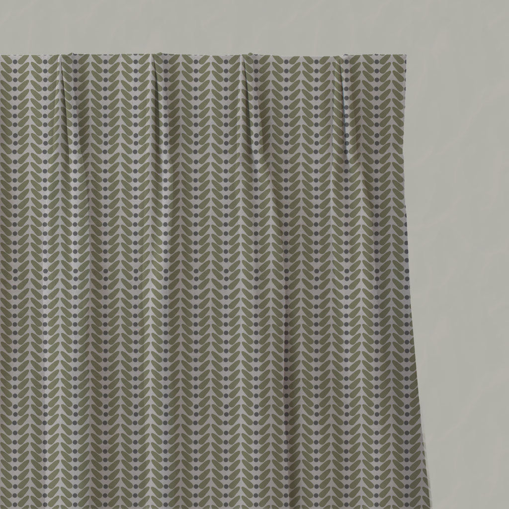 Green Patterned Linen Pleated Curtains - Hulda Olive - Natural base fabric.
