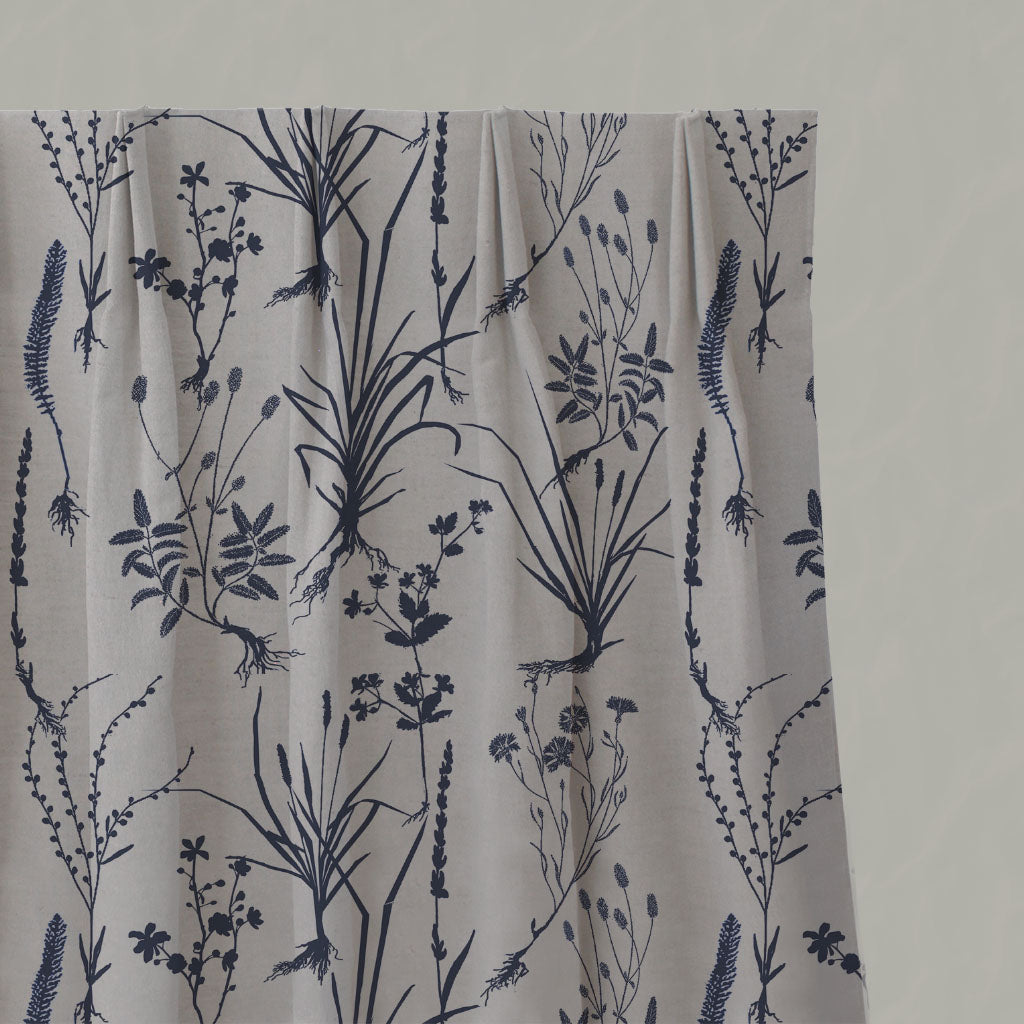Blue Floral Linen Pleated Curtains - Iida Deep Blue - Natural base fabric.