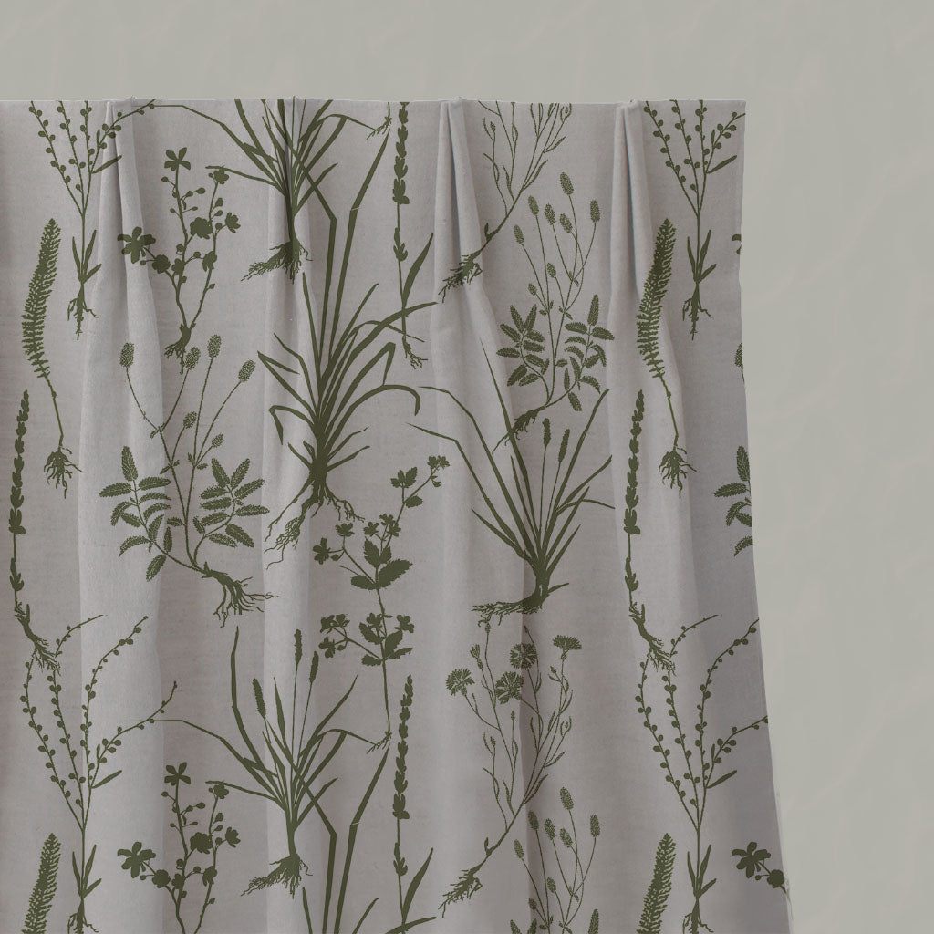 Green Floral Linen Pleated Curtains - Iida Khaki - Natural base fabric.