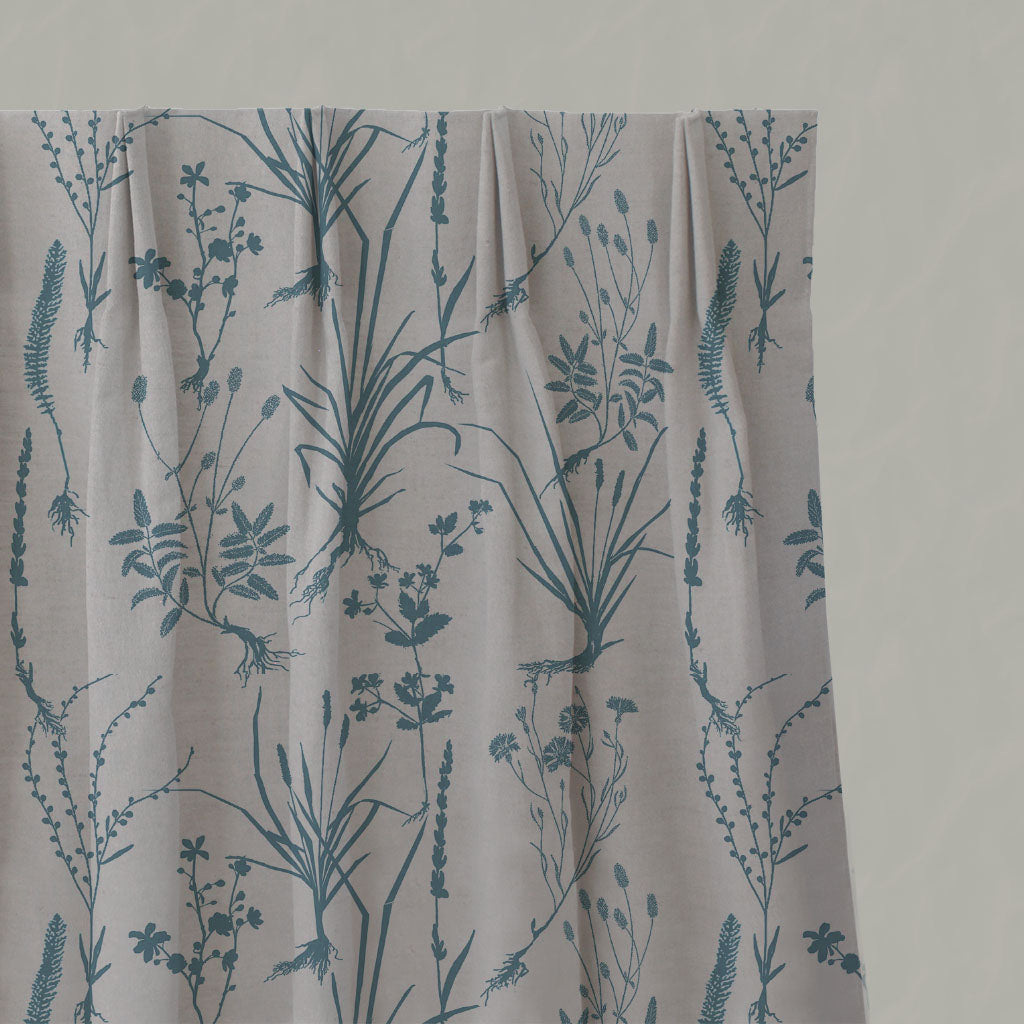 Blue Floral Linen Pleated Curtains - Iida Marine - Natural base fabric.