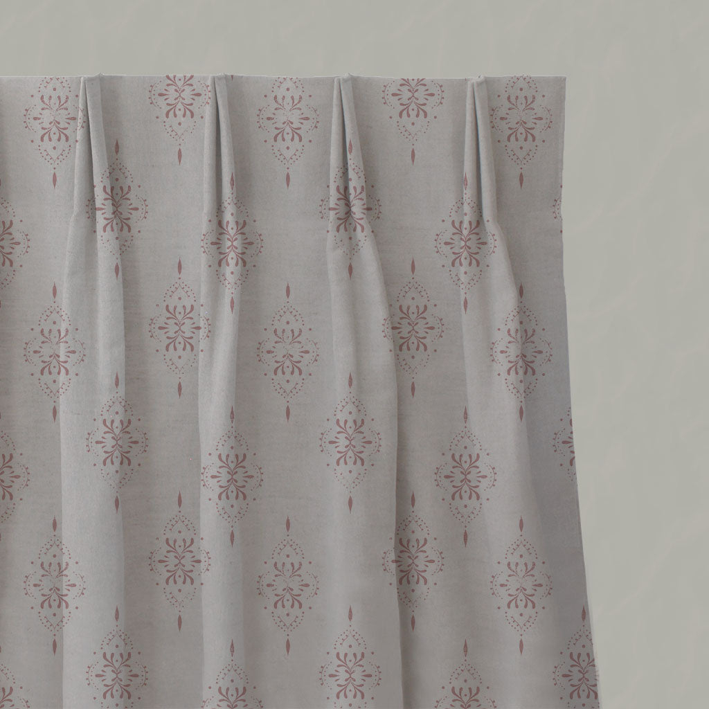 Pink Patterned Linen Pleated Curtains - Iiris Dusty Pink - Natural base fabric.