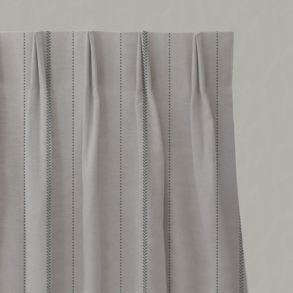 Green Striped Linen Pleated Curtains - Inari Sage - Natural base fabric.