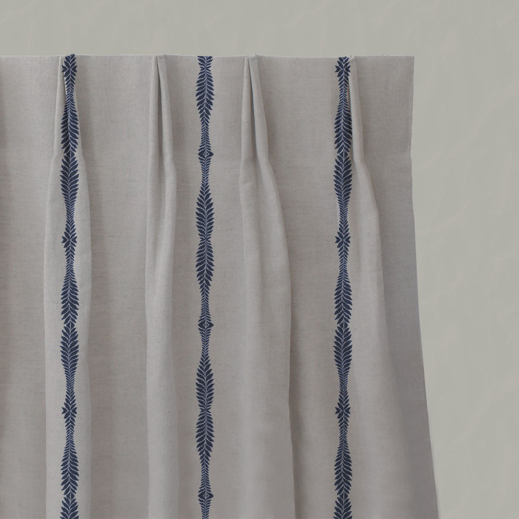 Blue Patterned Linen Pleated Curtains - Irina Deep Blue - Natural base fabric.
