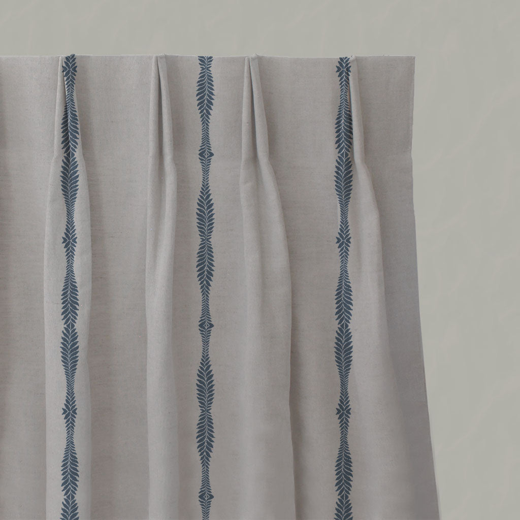 Blue Patterned Linen Pleated Curtains - Irina Denim - Natural base fabric.