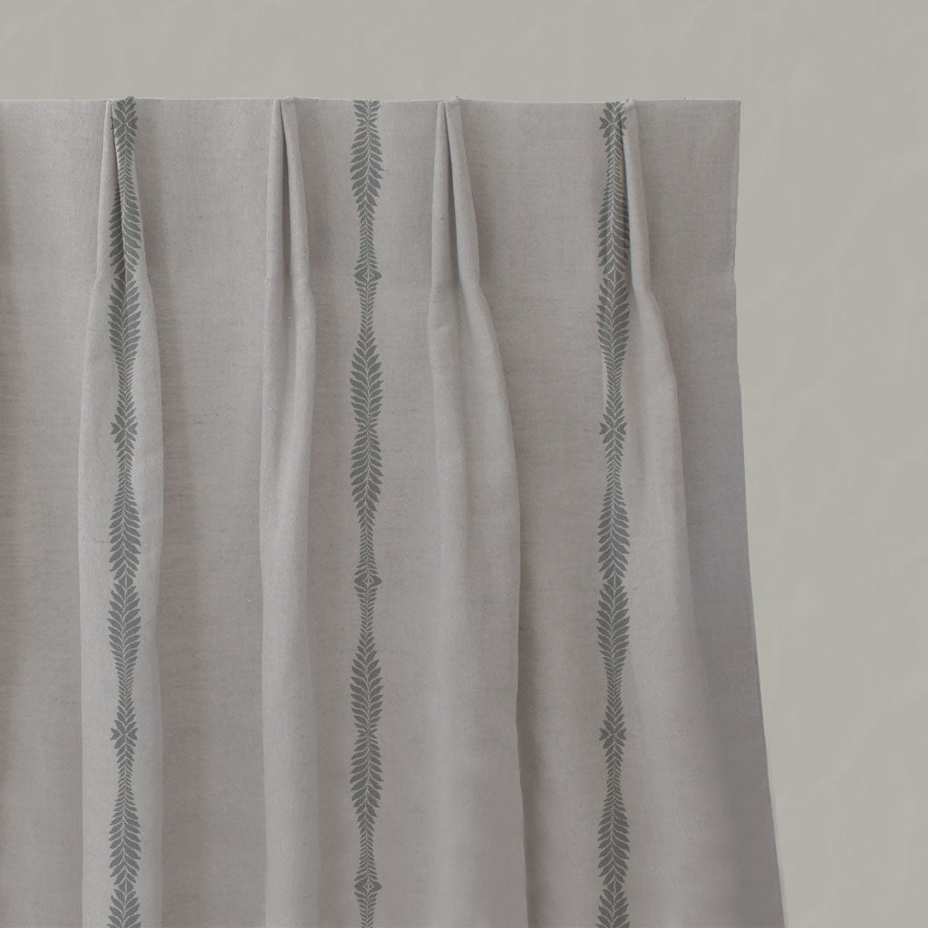 Grey Patterned Linen Pleated Curtains - Irina Greige - Natural base fabric.