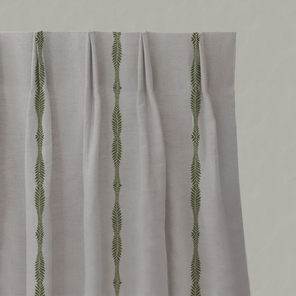 Green Patterned Linen Pleated Curtains - Irina Khaki - Natural base fabric.