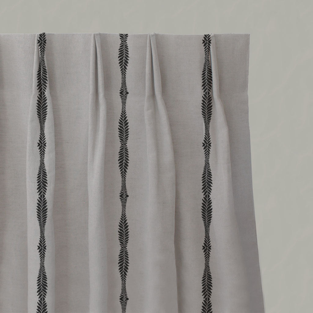 Black Patterned Linen Pleated Curtains - Irina Noir - Natural base fabric.