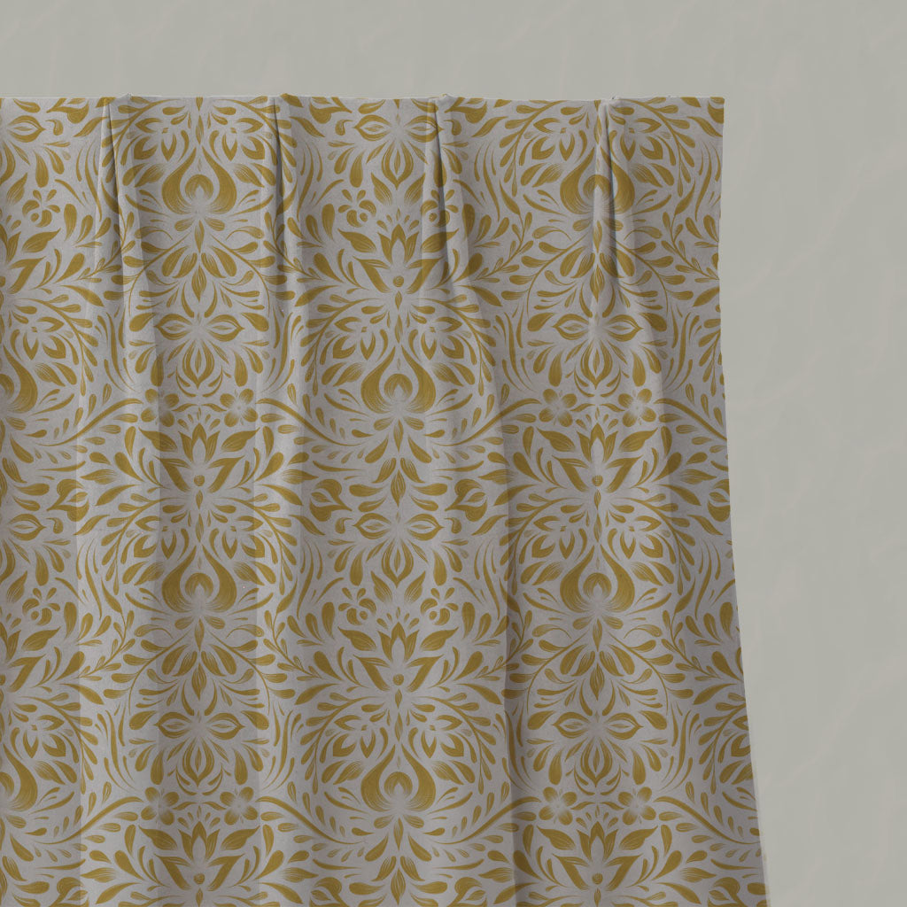 Yellow Floral Linen Pleated Curtains - Jasmi Mustard - Natural base fabric.