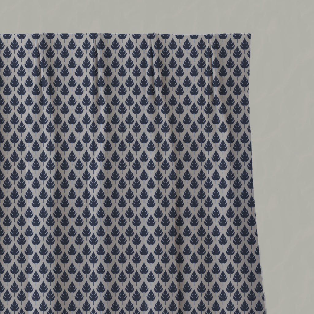 Blue Botanical Linen Pleated Curtains - Kira-Nat Deep Blue - Natural base fabric.
