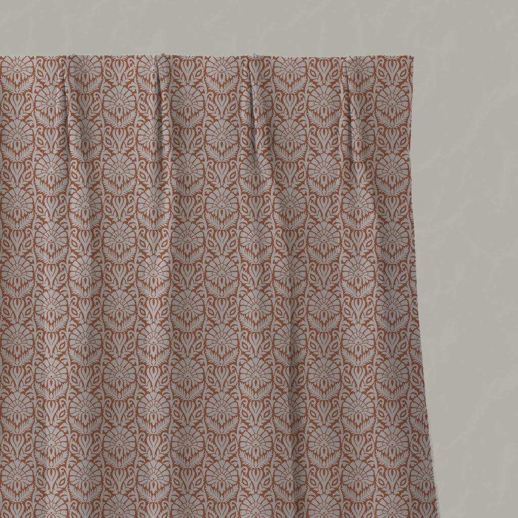 Orange Patterned Linen Pleated Curtains - Krista Burnt Orange - Natural base fabric.