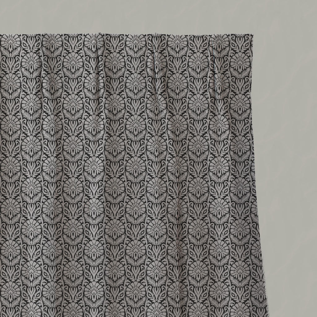 Black Patterned Linen Pleated Curtains - Krista Noir - Natural base fabric.