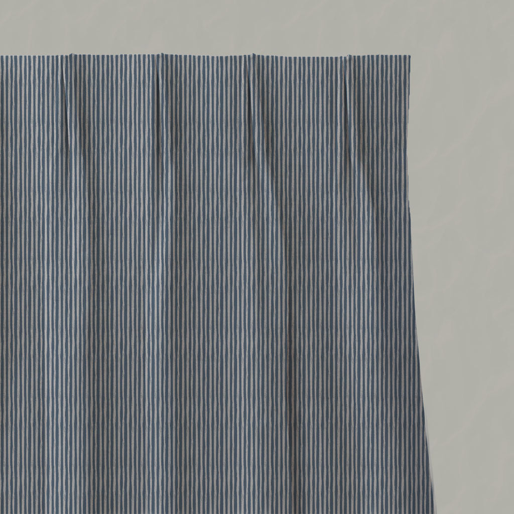 Blue Striped Linen Pleated Curtains - Laila Denim - Natural base fabric.