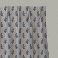 Blue Botanical Linen Pleated Curtains - Lena Denim - Natural base fabric.