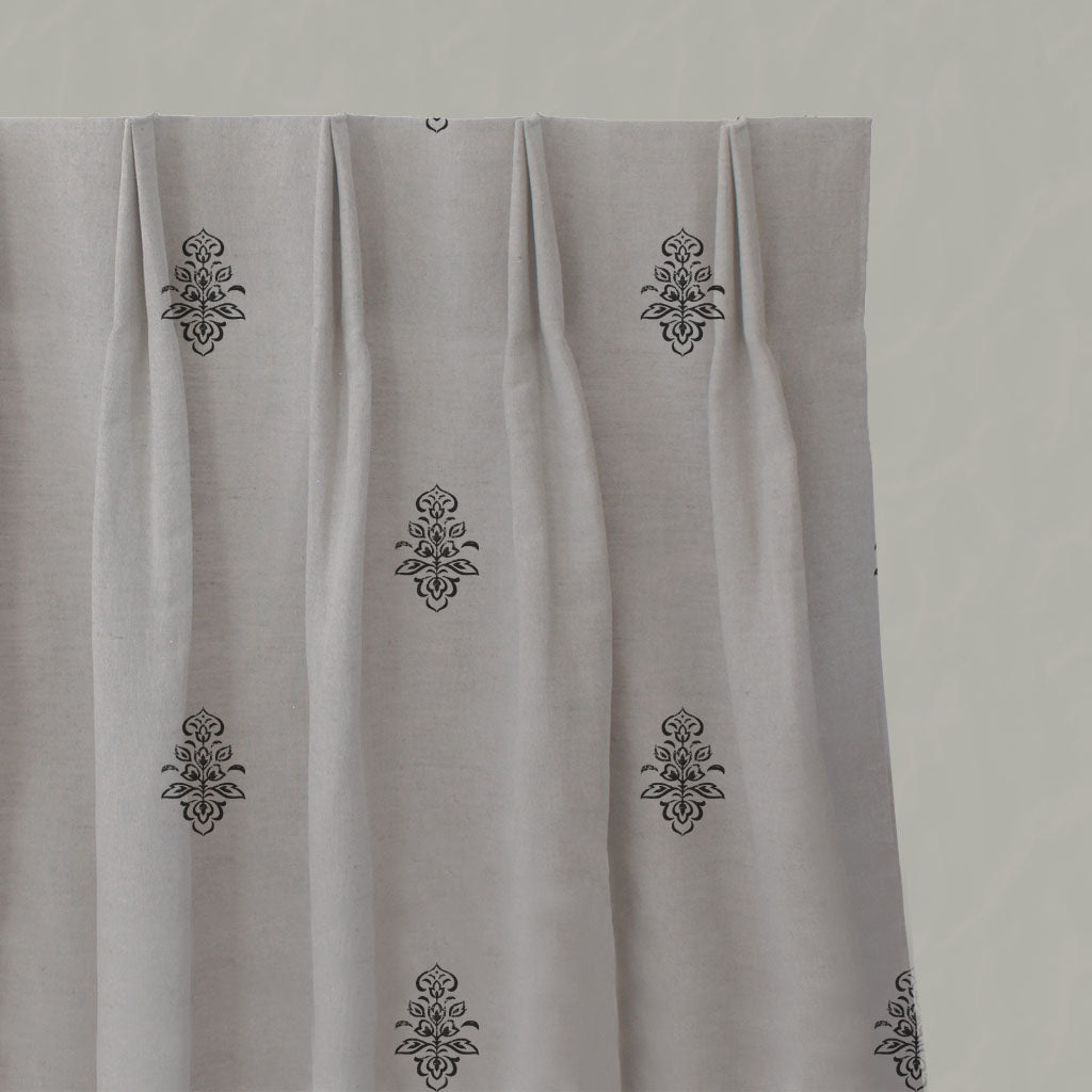 Black Floral Linen Pleated Curtains - Lisana-NAT Noir - Natural base fabric.