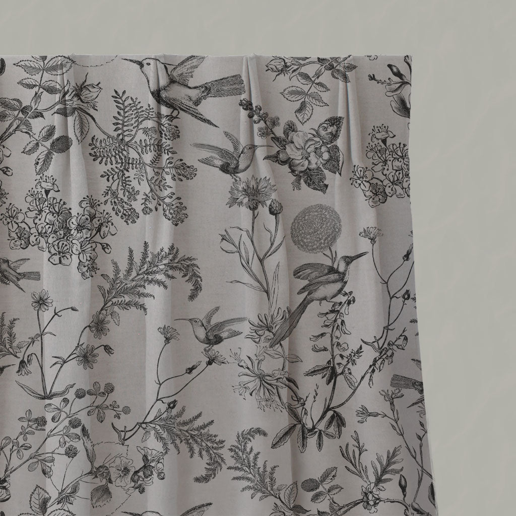 Black Floral Linen Pleated Curtains - Marianne-INV Noir - Natural base fabric.