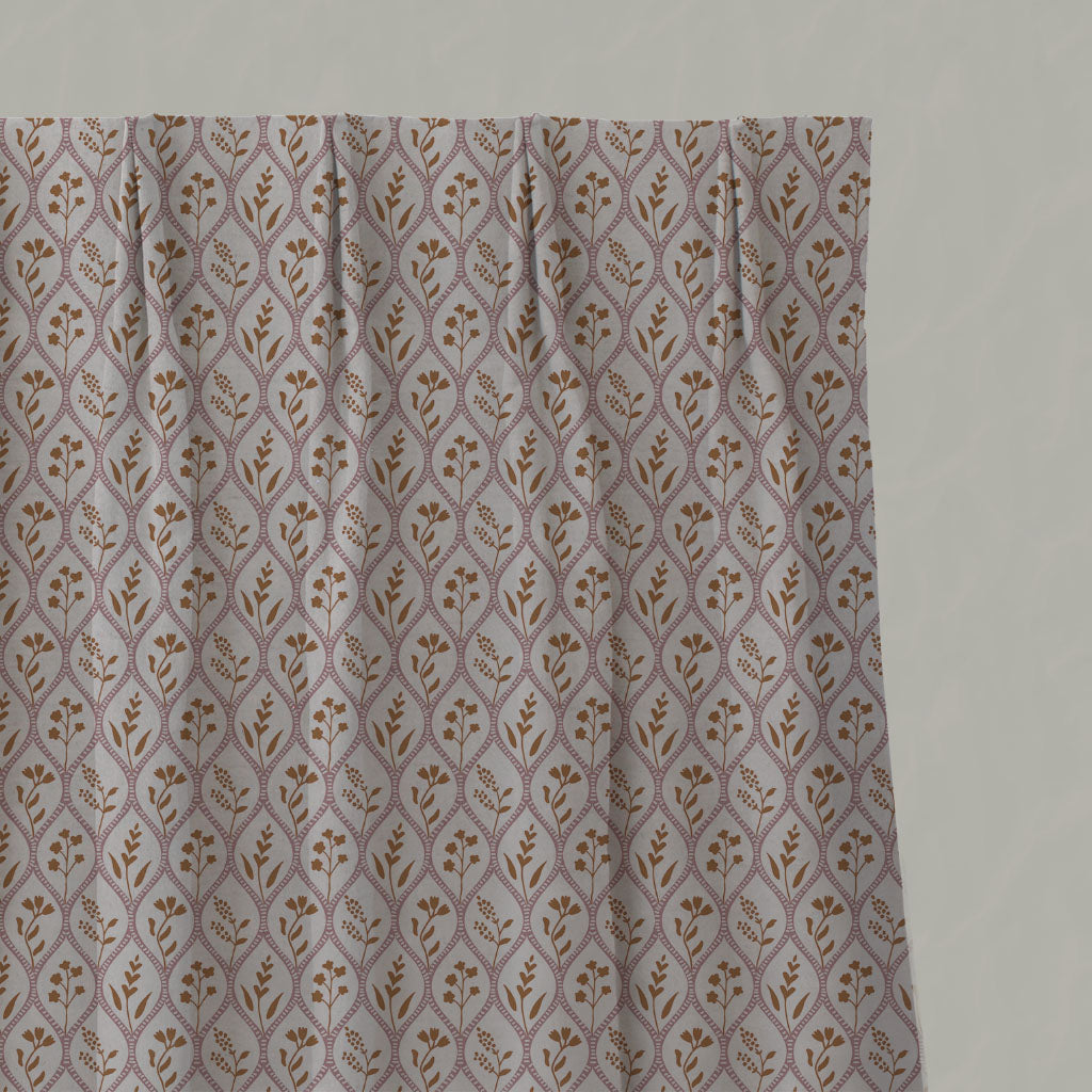 Pink / Orange / Yellow Floral Linen Pleated Curtains - Miny Pink Ochre-INV - Natural base fabric.