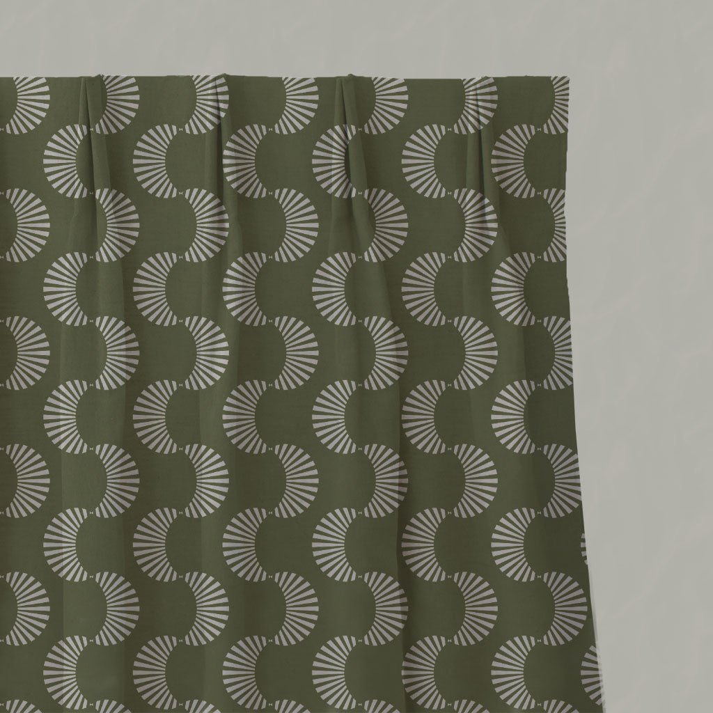 Green Patterned Linen Pleated Curtains - Naja Khaki - Natural base fabric.