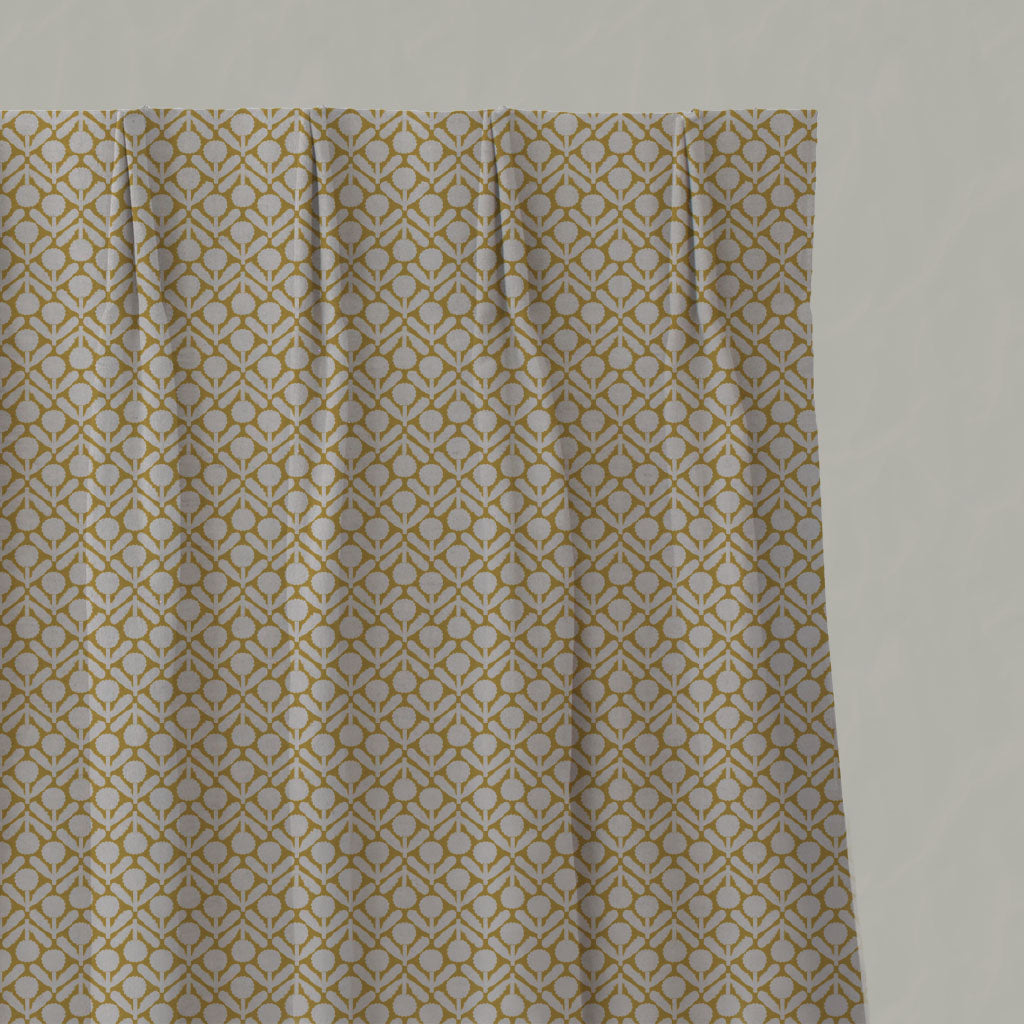 Yellow Floral Linen Pleated Curtains - Nessa Mustard - Natural base fabric.