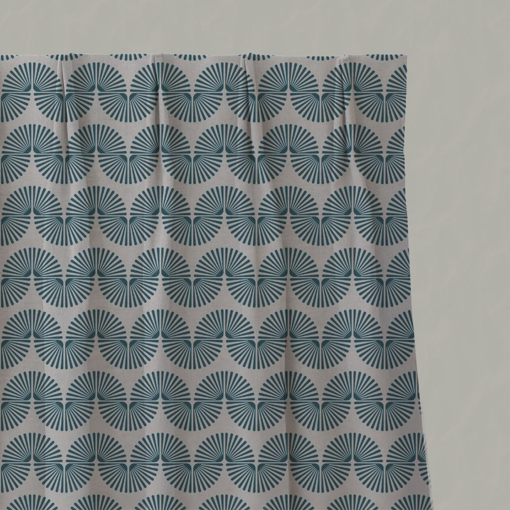 Blue Patterned Linen Pleated Curtains - Ofira Blue Stone - Natural base fabric.
