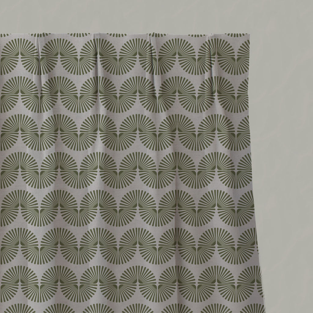 Green Patterned Linen Pleated Curtains - Ofira Khaki - Natural base fabric.