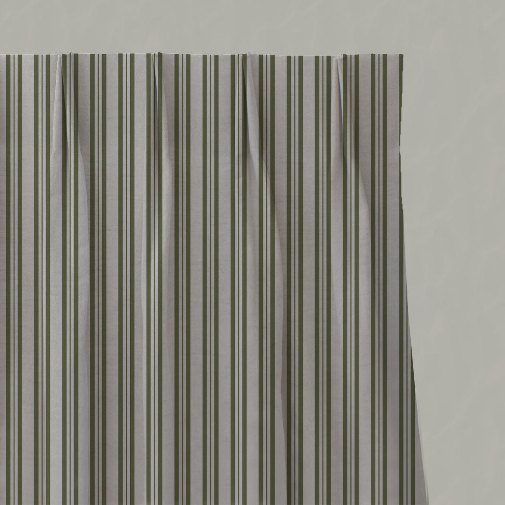 Green Striped Linen Pleated Curtains - Olga Khaki - Natural base fabric.