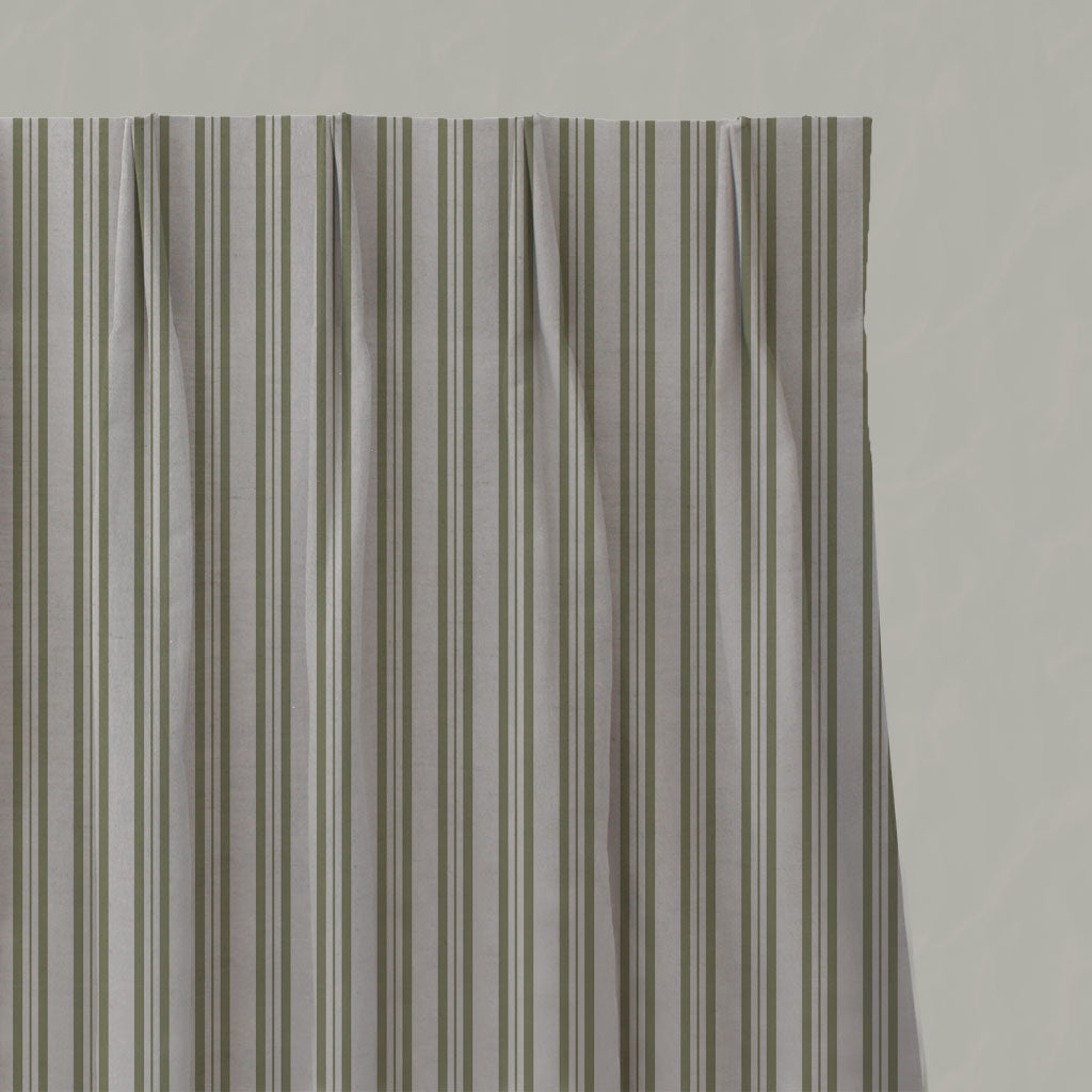 Green Striped Linen Pleated Curtains - Olga Olive - Natural base fabric.