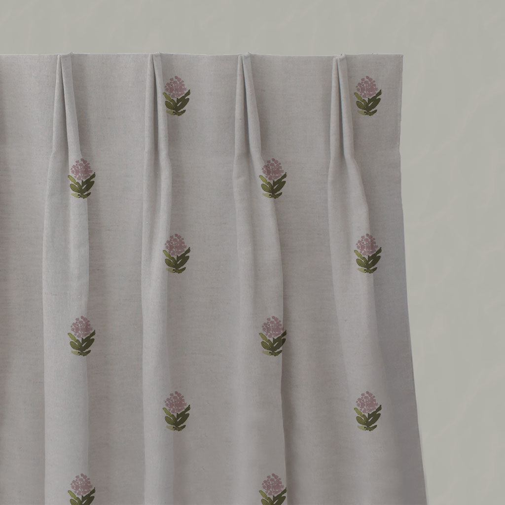 Pink Floral Linen Pleated Curtains - Paulina Pink - Natural base fabric.