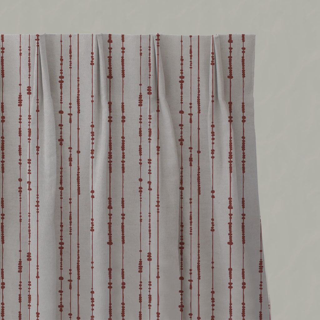 Red Patterned Linen Pleated Curtains - Pearls Crimson Red - Natural base fabric.