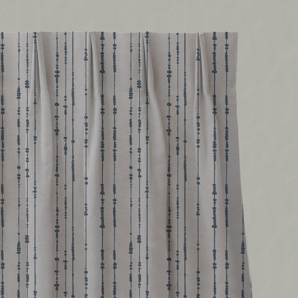 Blue Patterned Linen Pleated Curtains - Pearls Denim - Natural base fabric.